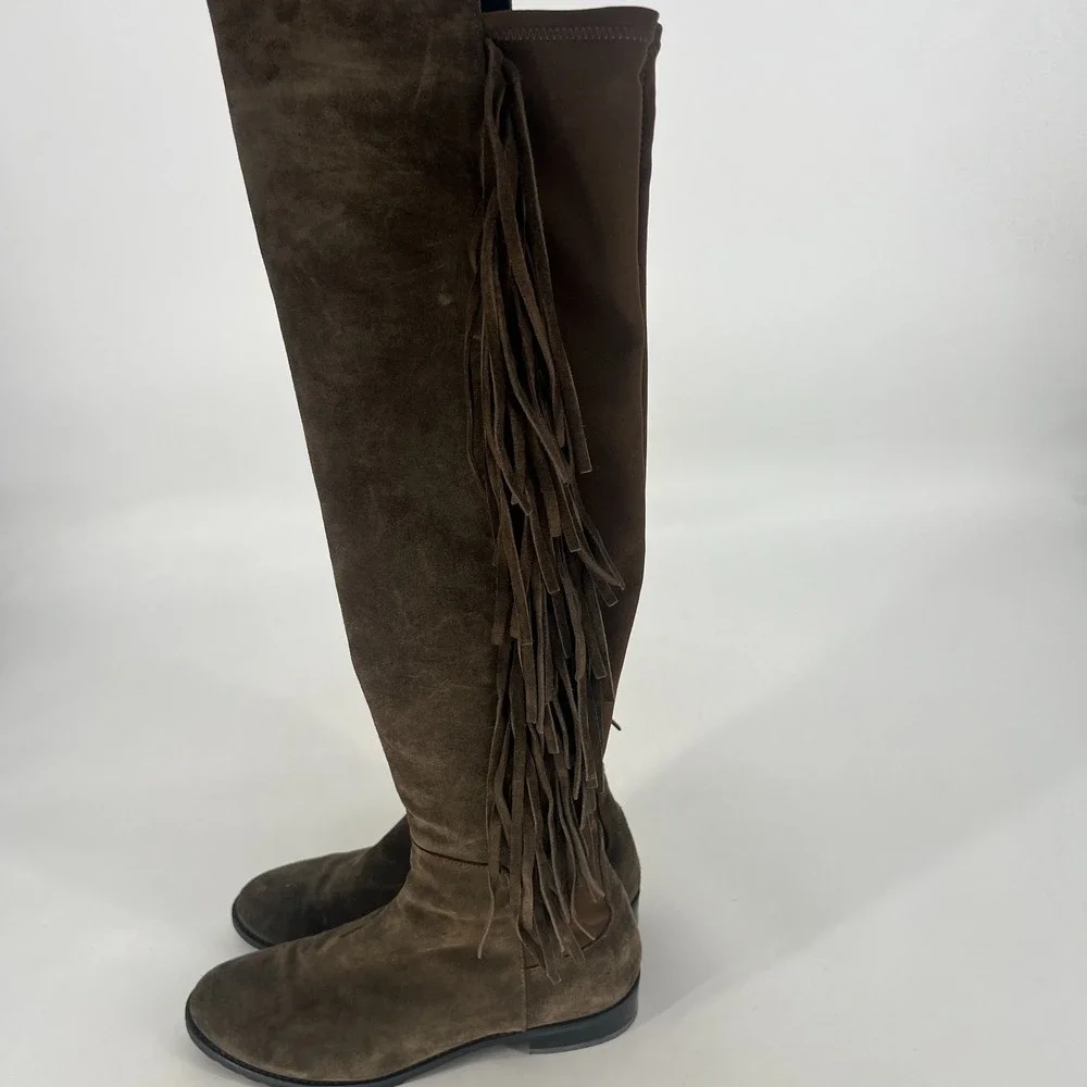Stuart Weitzman Mane‎ Fringe Suede OTK Boots Green Womens 7.5 Boho Western
